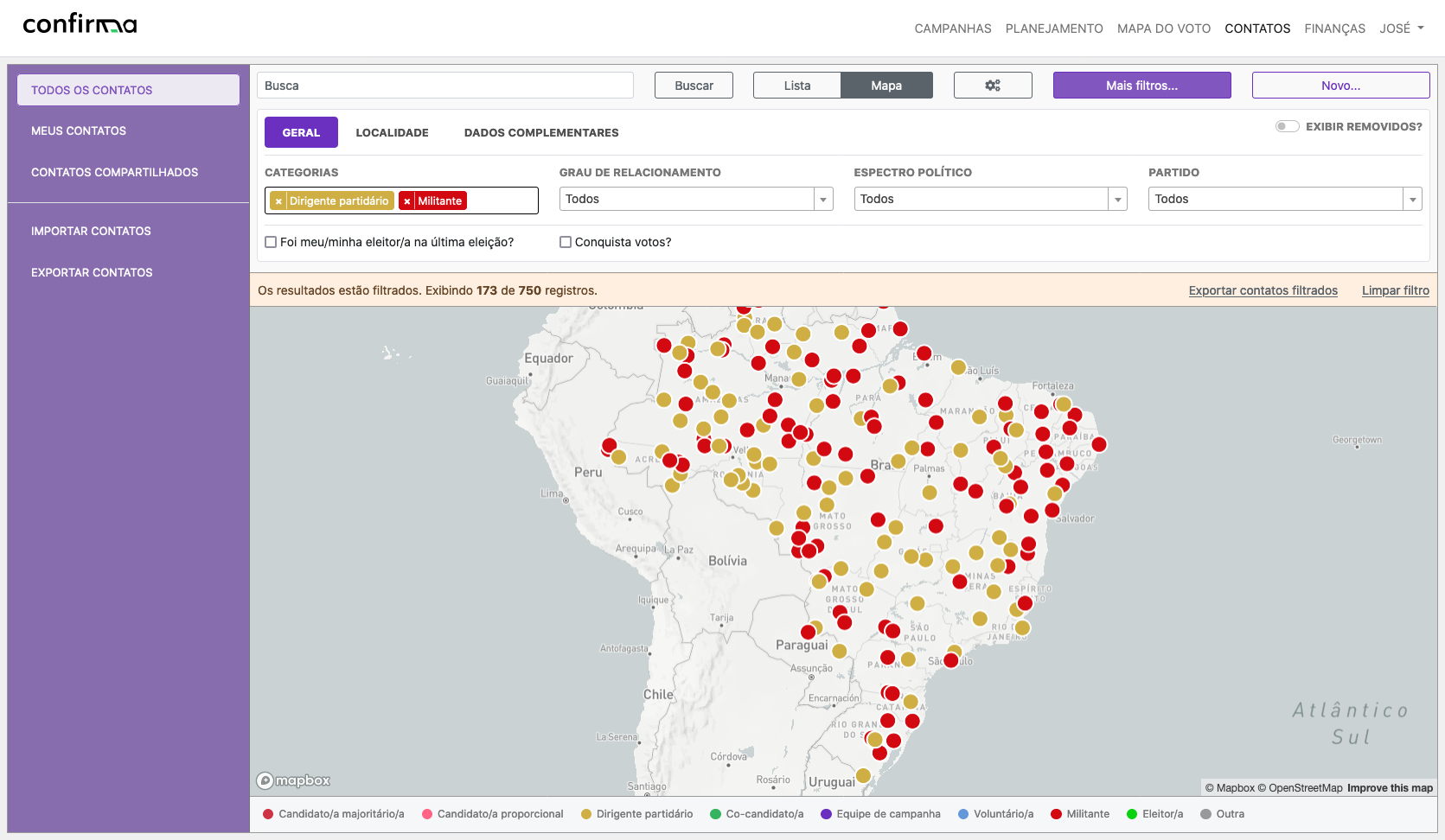 Imagem de tela com visão do mapa da ferramenta de contatos.